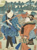 EISHI (1756-1829), A WOODBLOCK PRINT OF TWO ACTORS, ONE IN A FEMALE ROLE, OBAN.