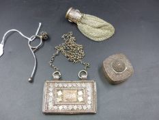 A '925' SILVER PILL BOX. W 4cms. A FILIGREE PIPE, A CHAIN MAIL SOVEREIGN BAG AND AN OMANI PRAYER