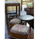 A PAIR OF VICTORIAN SMALL BOX FORM FOOTSTOOLS, TWO RUSTIC MILKING STOOLS AND A DRESSING STOOL WITH