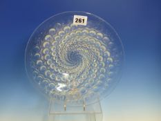 AN R LALIQUE VOLUTES PATTERN IRIDESCENT GLASS DISH. Dia 25cms.