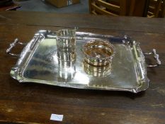 A LARGE SILVER PLATED DRINKS TRAY 66cms INCLUDING HANDLES TOGETHER WITH A FLUTED WINE COASTER AND