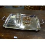 A LARGE SILVER PLATED DRINKS TRAY 66cms INCLUDING HANDLES TOGETHER WITH A FLUTED WINE COASTER AND