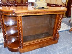 A VICTORIAN THUYA WOOD TOPPED ROSEWOOD CREDENZA SIDE CABINET , SPIRAL TWIST COLUMNS FLANKING THE