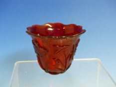 A PEKING RUBY GLASS CUP, THE EXTERIOR CARVED AND SHAPED AS A LOTUS LEAF WITH BIRDS AND FOLIAGE. H