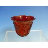 A PEKING RUBY GLASS CUP, THE EXTERIOR CARVED AND SHAPED AS A LOTUS LEAF WITH BIRDS AND FOLIAGE. H