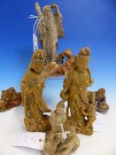 SEVEN CHINESE SOAPSTONE CARVINGS OF FIGURES, TO INCLUDE ONES OF: GUANYIN, LIDIEHGUEI, SHOULAO AND