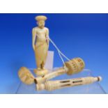 AN INDIAN IVORY FIGURE OF A MAN. H 11cms. A BENIN IVORY MASK. H 5.5cms. A BONE STANHOPE DIP PEN