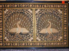 A LARGE ANTIQUE EASTERN METALLIC THREAD EMBROIDERED PANEL OF TWO PEACOCKS, FRAMED. OVERALL SIZE