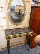 A MARBLE TOPPED GILT GESSO CONSOLE TABLE, THE APRON INSET WITH LIMOGES PLAQUES. W.82 x D.36 x H.