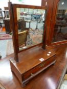 A MAHOGANY RECTANGULAR DRESSING TABLE MIRROR WITH SINGLE DRAWER AND BRACKET FEET, THE PLATE 24 X