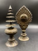 TWO WHITE METAL EASTERN ORNATE FINIALS. APPROX HEIGHT 20cms.