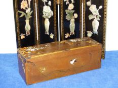 A JAPANESE GILT GROUND BOX INLAID WITH BIRDS AND WISTERIA. W.33.5cms TOGETHER WITH A BLACK LACQUER