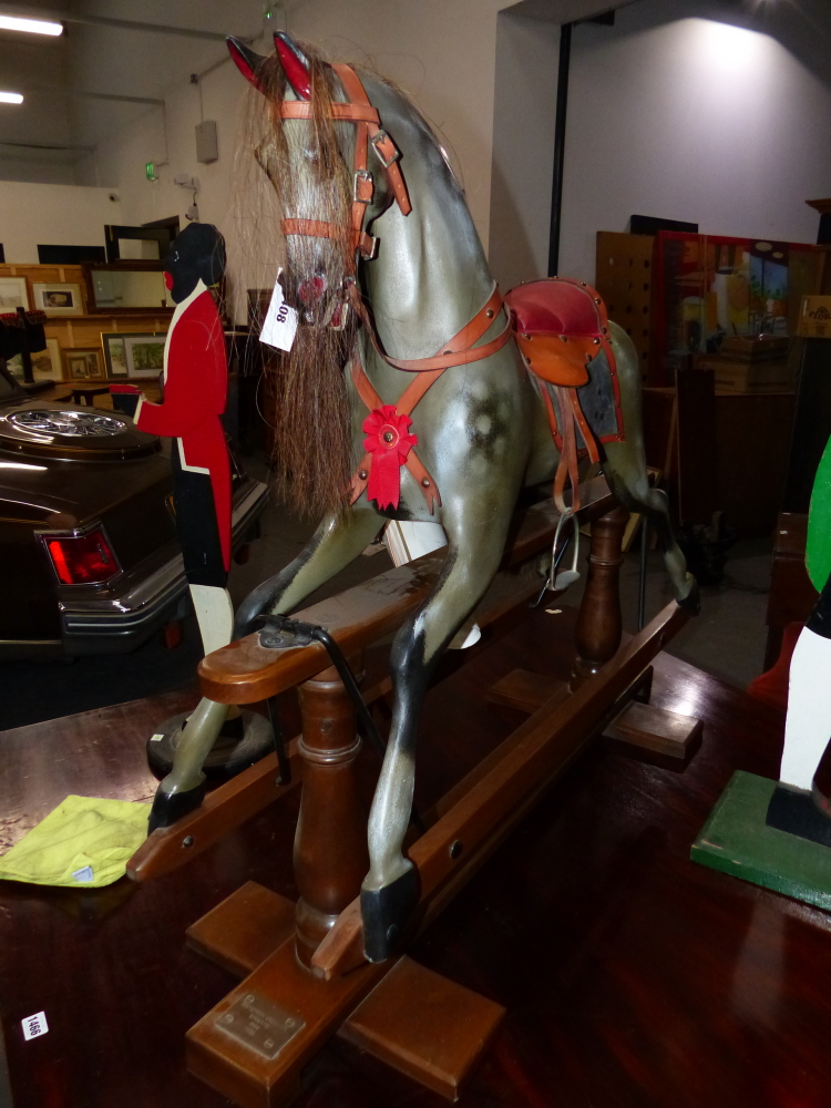 A STEVENSON BROTHERS DAPPLED GREY ROCKING HORSE WITH LEATHER BRIDLE AND RED SEATED SADDLE. H.95cms. - Image 3 of 5