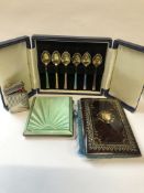 A VICTORIAN PIQUE WORK CARD CASE WITH FITTED NOTEBOOK, A SILVER HALLMARKED AND GREEN GUILLOCHE