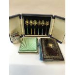 A VICTORIAN PIQUE WORK CARD CASE WITH FITTED NOTEBOOK, A SILVER HALLMARKED AND GREEN GUILLOCHE