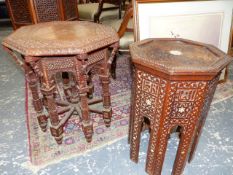 A BURMESE CARVED TEAK OCTAGONAL OCCASIONAL TABLE. Dia.45 x H.49cms TOGETHER WITH A SMALL MIDDLE