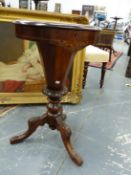 A VICTORIAN WALNUT TRIPOD WORK TABLE, THE CIRCULAR HINGED LID INLAID WITH FOLIAGE ROSETTE AND