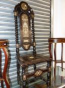 A 19TH CENTURY EBONISED , IVORY AND BONE INLAID HIGH BACK SIDE CHAIR IN THE ITALIANATE MANNER