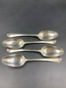 A SET OF FOUR GEORGIAN SILVER HALLMARKED DESSERT SPOONS, DATED 1749 FOR ELIZABETH JACKSON. GROSS