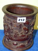 A CHINESE BAMBOO BRUSH POT CARVED IN RELIEF WITH FIGURES ON THE TERRACE OF A MOUNTAIN RETREAT. H.