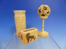 A CHINESE IVORY BALL WITHIN BALL CARVING ON STAND. H 11cms. A JAPANESE IVORY MATCHBOX SLEEVE