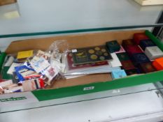 A QUANTITY OF BOXED THIMBLES, COINS, STAMPS AND MATCH BOXES/CARDS.
