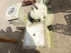 TWO CARVED STONE PLINTHS, A PLANTER AND AN URN ON STAND FOR RESTORATION.