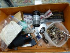 A BOX OF COLLECTABLES TO INCLUDE VINTAGE LENSES, SILVER HALLMARKED PIECES, JEWELLERY, PLATED WARE,