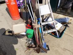 VARIOUS GARDEN IMPLEMENTS, FUEL CANS, STEP LADDER, ETC.