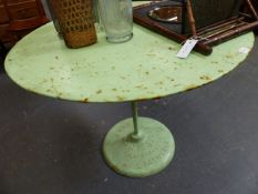 A FRENCH CIRCULAR CAFE TABLE, WITH GREEN PAINTED ZINC TOP AND CAST IRON BASE IMPRESSED MAKERS NAME