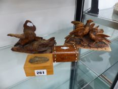 TWO BLACK FOREST CARVED BIRD FIGURES AND TWO TREEN BOXES.