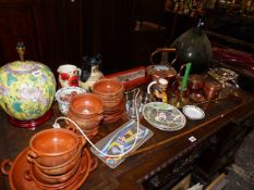 A CHINESE LAMP, OTHER CERAMICS, COPPER, BRASS AND A GLASS BOTTLE
