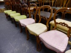 A SET OF FOUR VICTORIAN DINING CHAIRS AND THREE SIMILAR BALLOON BACK CHAIRS.