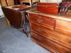 AN EDWARDIAN WALNUT CHEST OF DRAWERS AND AN OAK GATELEG TABLE TOGETHER WITH AN OAK SIDE TABLE.