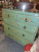A PAINT DECORATED PINE CHEST OF DRAWERS.