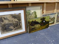 THREE OIL PAINTINGS AND A SIGNED ETCHING.
