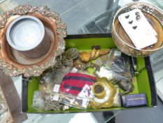 A BOX OF COLLECTABLES TO INCLUDE AN OLD CUT DIAMOND SET BUTTON, COINS, MEDALS, COASTERS, ETC.