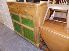 A VICTORIAN PINE CABINET AND A RUSTIC ARMCHAIR.