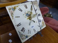A LONG CASE CLOCK MOVEMENT WITH PAINTED SQUARE DIAL