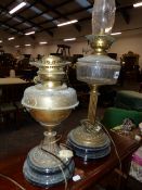 TWO ANTIQUE BRASS LAMPS.