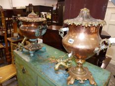 TWO 19th.C.COPPER TEA URNS.