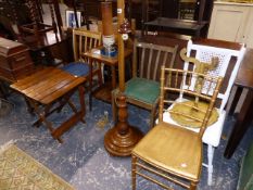 A PAINTED TRIPOD WINE TABLE, THREE SIDE CHAIRS, VARIOUS OCCASIONAL TABLE AND LAMPS,ETC.