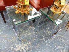 A PAIR OF CHROME FRAMED GLASS TOP SIDE TABLES.