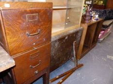 A VINTAGE OAK FILING CABINET TWO OPEN BOOKCASES, ANOTHER GLAZED, A TABLE