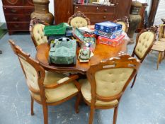 A 19th.C.STYLE INLAID BREAKFAST TABLE ON CARVED QUADRUPED SUPPORTS TOGETHER WITH SIX CHAIRS FOR RE