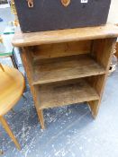 AN ANTIQUE PINE SHELF UNIT WITH HANGING RAIL TO BACK.