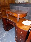 A VICTORIAN DRESSING TABLE WITH LATER TOP AND A BURR WALNUT STAND.