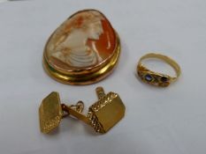 A PAIR OF 9ct GOLD CUFFLINKS, A YELLOW METAL MOUNTED CAMEO AND A SAPPHIRE AND DIAMOND EDWARDIAN