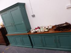 A JOHN LEWIS PINE AND PAINTED KITCHEN DRESSER AND A SIMILAR SIDE CABINET.