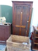 A HALL CABINET AND A VINTAGE PINE CRATE.